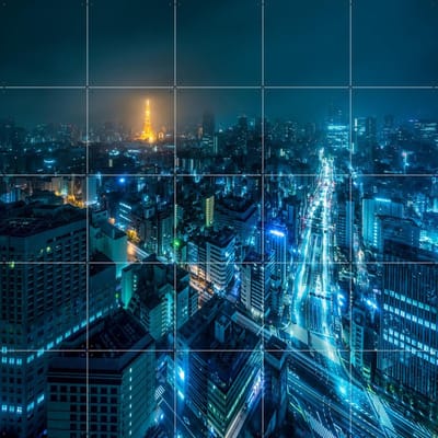 IXXI Tokyo Skyline at Night, Jan Becke - 100 x 100 cm - Gratis ophangtool - Grote wanddecoratie en posters - Fotografie, Woonkamer, Mancave, Skyline