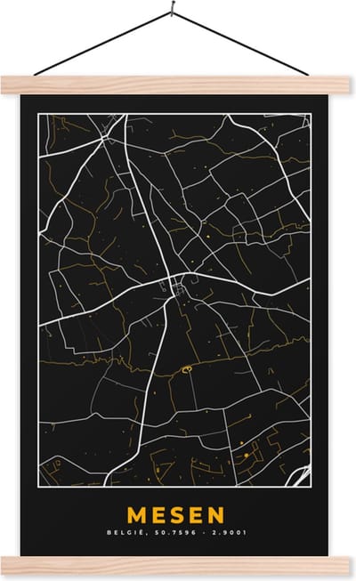 Posterhanger incl. Poster 40x60 cm - Schoolplaat - Mesen - Goud - Kaart - Plattegrond - Stadskaart - Textielposter - Blanke latten - Stadskaart