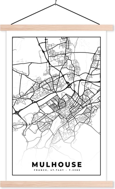 Posterhanger incl. Poster 40x60 cm - Schoolplaat - Frankrijk - Mulhouse - Kaart - Plattegrond - Stadskaart - Zwart wit - Textielposter - Blanke latten - Stadskaart