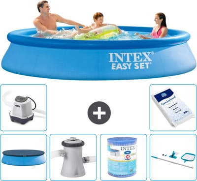 Intex Rond Opblaasbaar Easy Set Zwembad - 305 x 61 cm - Blauw - Inclusief Afdekzeil - Zwembadfilterpomp - Filter - Schoonmaakset - Zoutwatersysteem - Zwembadzout - 7-delig