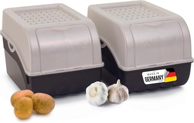 Aardappelbewaardoos | 2x middel 5L | PARELMOER Wit | Aardappeldoos | Stapelbare groentekist, uienkist, aardappelmand, fruitkist, aardappelkist, uienopslag, voedselcontainer, wortelen