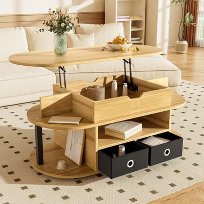 Sweiko Salontafel met houtnerf - Met liftfunctie - Opbergruimte - Laden van zwarte stof - Natuurlijk