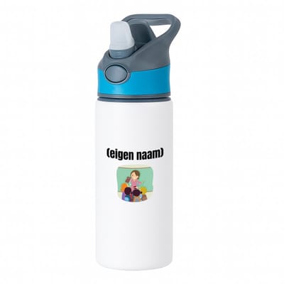 Hacebo® - juf met kinderen met eigen naam waterfles met rietje blauw - Juf - leraressen - collega's - verjaardag - afscheidscadeau - geschenk - kado - water fles - 650ML