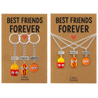BFF Ketting + Sleutelhanger voor 3 'Best Friends Forever' - Fast Food Friends - Bundel op Cadeau Kaartje - Zilverkleurig - Vriendschap Symbool - Pax Amare