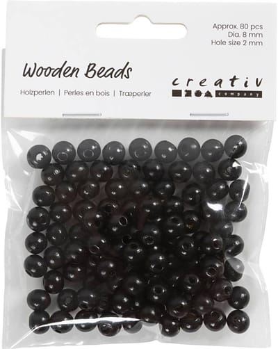 Houten Kralen, d 8 mm, gatgrootte 2 mm, ca. 80 stuk, zwart, 15 gr/ 1 doos