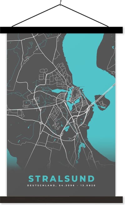 Posterhanger incl. Poster 40x60 cm - Schoolplaat - Stadskaart – Plattegrond – Duitsland – Blauw – Stralsund– Kaart - Textielposter - Zwarte latten - Stadskaart