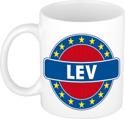 Bellatio Decorations - Lev voornaam - koffiemok - beker - wit/blauw - 300 ml - Cadeau - Heren - Collega - Vaderdag - Verjaardag