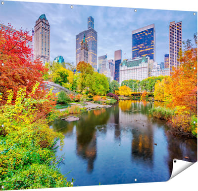 Gards Tuinposter Kleurrijke Central Park tijdens de Herfst - 150x120 cm - Tuindoek - Tuindecoratie - Wanddecoratie buiten - Tuinschilderij
