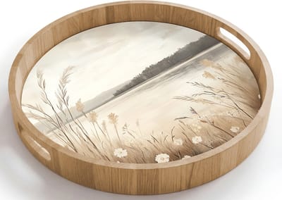 Dienblad rond 40x40 cm - Schootdienblad hout - Meer - Water - Natuur - Beige - Borrelplank rechthoek - Plateau houten dienbladen