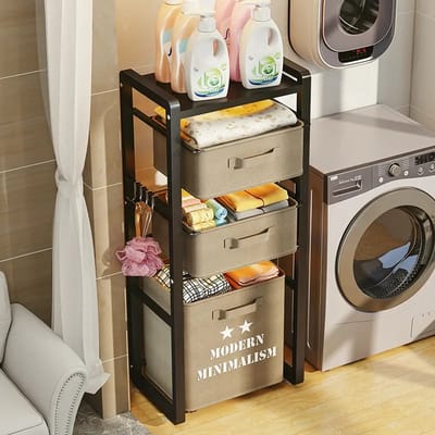 Badkamerrek - Wasmandrek met wieltjes - 3 laags - Wasmachine rek - Incl. wasmanden - 30,5 x 45,5 x 111 cm