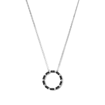 New Bling 9NB-1072 Zilveren Ketting met Zirkonia Hangertje Cirkel - 20mm Doorsnee - Zwart Wit - 40+5cm - Rhodium - Zilver