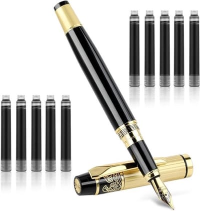 Metalen vulpennen met 10 zwarte inkt 26 mm cartridges 05 mm luxe fijne punt - Set van zakelijke pennen
