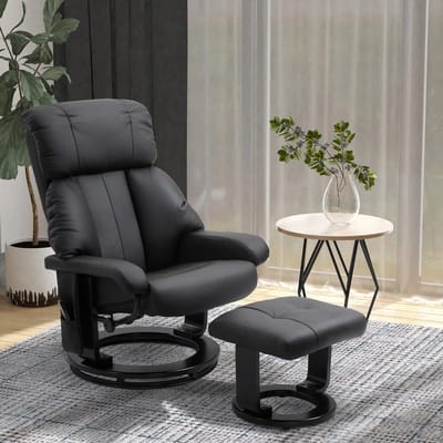 MODFU - Massagestoel Met Hocker - Verstelbare Rugleuning En 360° Draaibaar - Ergonomisch - Samengesteld Leer - Zwart - 76 x 80 x 102 cm