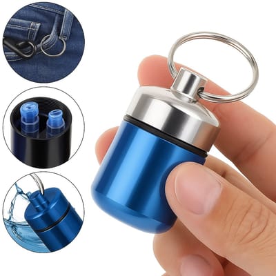 Pillendoosje Met Sleutelring I Pillendoos I Medicijn doosje I Pil Box I Pillenkoker I Sleutelbos | Waterdicht I Aluminiumlegering I Blauw/Zilver