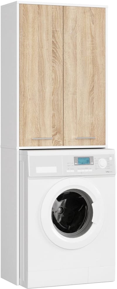Badkamerkast voor Wasmachine FIN / Hoge Wasmachinekast met 2 Deuren / AKORD Furniture Factory / Wit - Sonoma Eik / 64 x 180 x 30 cm