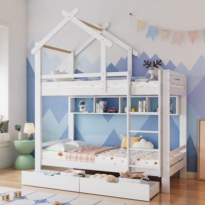 Etagenbed met opberglades en legplanken - Kinderslaapkamer 90x200 cm - Wit - Met rechte drietraps ladder - Uitneembare lades - Inclusief houten lattenbodems