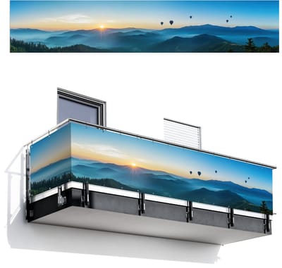 Balkonscherm 500x100 cm - Balkonposter Luchtballonnen - Bergen - Zonsopgang - Landschap - Balkon scherm decoratie - Balkonschermen - Balkondoek zonnescherm