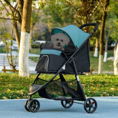 MODFU - Huisdierenbuggy - Opvouwbaar Met Regenhoes En Opbergmand - Voor Kleine Honden En Katten - Polyester - Zwart En Blauw