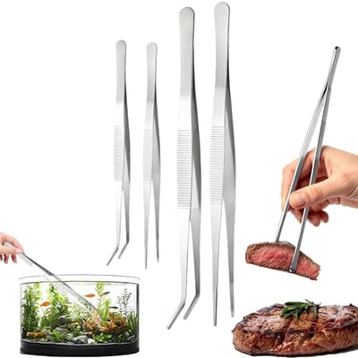 Dailygoods- Pincet Set 4 Stuks - 2 Rechte/Gebogen Pincetten - Keukenpincet - Kooktang Roestvrij Staal - 20/30 cm - Voor Aquascaping/Tuinieren