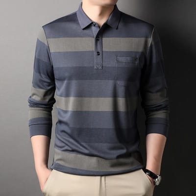 T-shirt met lange mouwen Heren Lente en Herfst Dun Heren Gestreept Onderstuk Poloshirt Middelbare leeftijd Papa Zak Top 3XL/185 gray