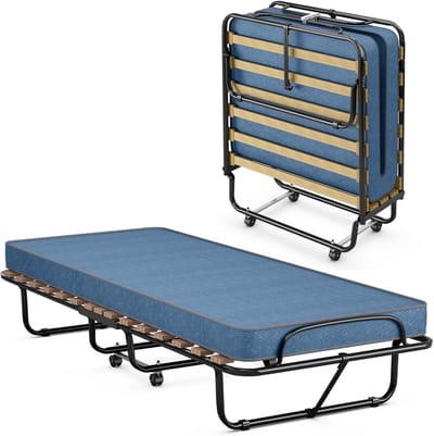 COSTWAY Opklapbed 80 x 190 cm-Logeerbed inklapbaar - Vouwbed 1 Persoons-Plooibed - Eenpersoonsbed-Met Matras-Blauw