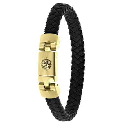 Lucardi Heren Armband zwart leer met leeuw - Leer - Armband - Vaderdag Cadeautje - 22 cm - Goudkleurig