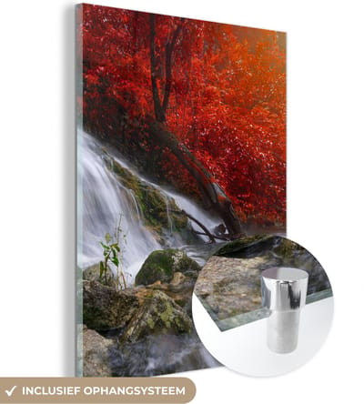 MuchoWow® Glasschilderij 30x40 cm - Schilderij acrylglas - Waterval - Rotsen - Water - Herfst - Foto op glas - Schilderijen