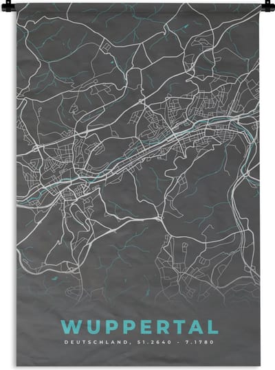 Wandkleed - Wanddoek - Wuppertal – Stadskaart – Blauw – Plattegrond – Stadskaart – Kaart - Duitsland - 120x180 cm - Wandtapijt