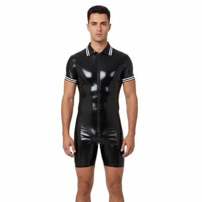Latex Jumpsuit - Heren - Latex Wetlook - Zwart - Rits - Korte Mouwen En Broek