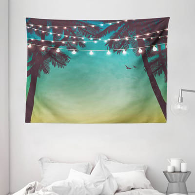 ABAKUHAUS Natuur Wandtapijt en Sprei, Nachtelijke Zonsondergang Palmbomen, 230 x 140 cm, Meerkleurig