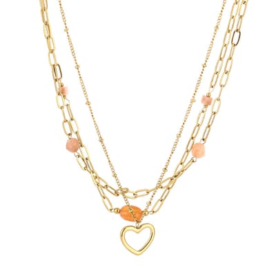 Layered Dames Ketting met Hartje & Natuursteen Oranje – Goudkleurig Stainless Steel – Kleurvast – Verstelbaar 40 + 5 cm