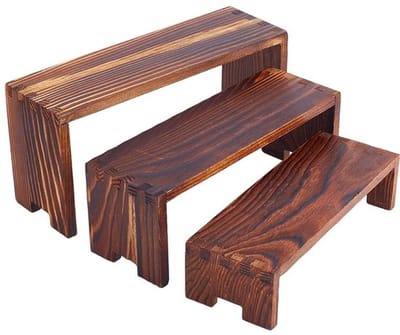 3-laags houten displayverhogers, 3 maten, onafgewerkte houten displayverhogers, rechthoekige houten sieradendisplayverhogers voor cosmetische knutsels, sieradenopslag, displaycollectie, kokosnootbruin