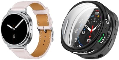 Strap-it Bundel – Leren Smartwatch Band met Gespsluiting (Roze) + TPU Soft Case Beschermhoes (Zwart) geschikt voor Samsung Galaxy Watch 8 (44mm)