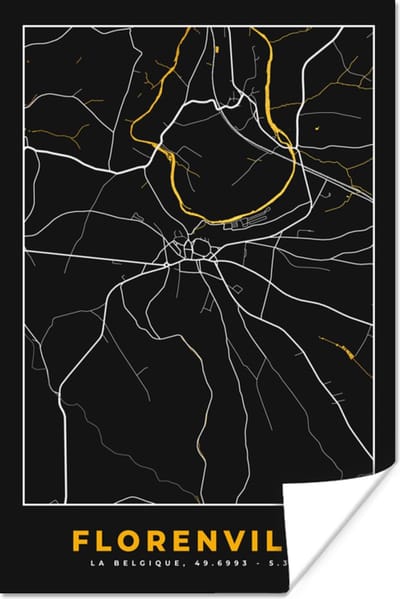 Poster Florenville - Kaart - Plattegrond - Gold - Stadskaart - 120x180 cm XXL
