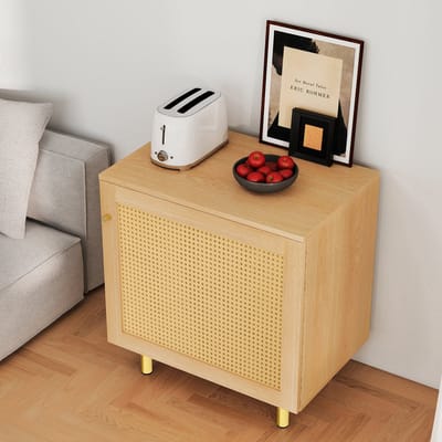 DESMIU Opbergkast - Met Gevlochten Rotan Deur En Plank - Voor Slaapkamer Woonkamer En Hal - MDF In Natuurlijke Houtlook - 60x40x63 Cm