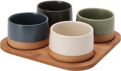 Excellent Houseware Serveerplank bamboe - met 4x luxe schaaltjes - 22 x 22 cm - tapas en saus schaaltjes