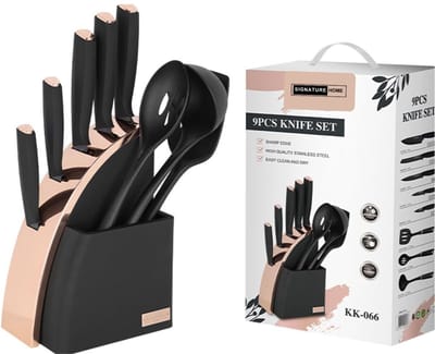 Signature Home Messenset 9-delig met Messenblok – Professionele Keukenmessen Set – Koksmes, Broodmes, RVS – Zwart/Roze Goud