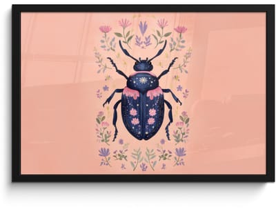 Poster in lijst - Fotolijst 60x40 cm - Posters - Kever - Donkerblauw - Bloemen - Sierlijk - Posterlijst zwart - Decoratie - Wanddecoratie woonkamer - Muurdecoratie slaapkamer
