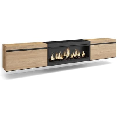 Skraut Home TV-Meubel, Lowboard, 267x35x45cm, Groot formaat TV, Elektrische haard XXL, Hangend, Eiken/Zwart