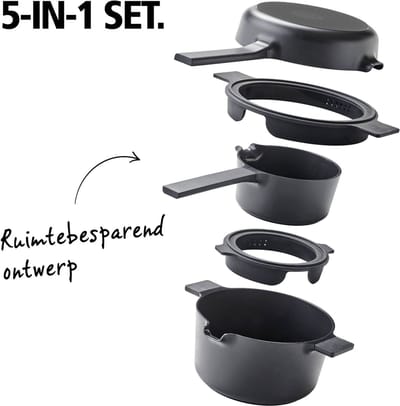 Brabantia Compact All-in-one-set – Stapelbare 5-delige Pannenset Camping - 22cm Kookpan – 22cm Koekenpan- 16cm Steelpan- Trendy Design-Stapelbaar - 100% PFAS-vrij – 100% gerecycleerd - Anti-aanbaklaag- Aluminium- - Incl. onderzetters - Zwart