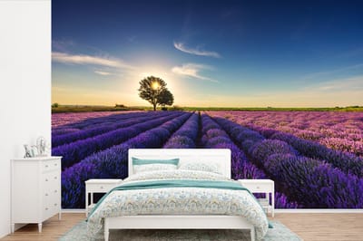 Behang - Fotobehang Lavendel - Zon - Boom - Bloemen - Paars - Breedte 390 cm x hoogte 260 cm