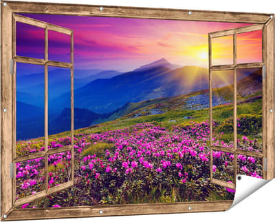 Gards Tuinposter Doorkijk Roze Rhododendron Bloemenveld - Bergen - 150x100 cm - Tuindoek - Tuindecoratie - Wanddecoratie buiten - Tuinschilderij