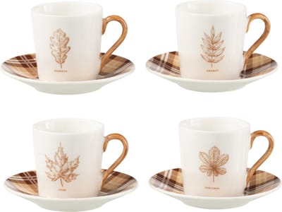 J-Line kopje + schoteltje Blad - keramiek - bruin - giftbox van 4 stuks