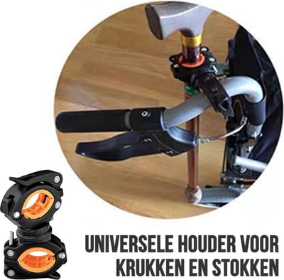 Allernieuwste.nl® Stokhouder Krukhouder voor Scootmobiel Rolstoel Fiets Rollator - Sterke Universele Wandelstok Krukkenhouder - Zwart-Oranje