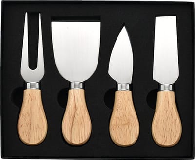 QTTVBTNA - Kaasmessen - 4-delige kaasmes- en vorkset - Eikenhouten handgreep - RVS - Cadeauverpakking - 1 set