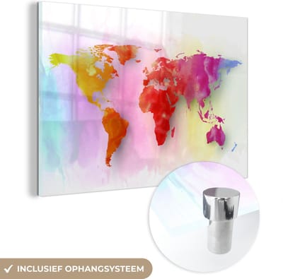 ® Glasschilderij 120x80 cm - Schilderij acrylglas - Wereldkaart - Aquarel - Regenboog - Foto op glas - Muurdecoratie woonkamer - Wanddecoratie slaapkamer - Schilderijen