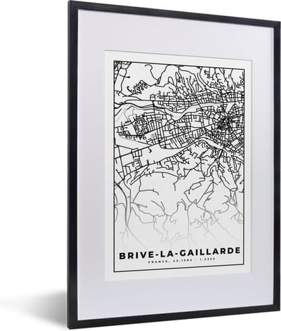Fotolijst incl. Poster Zwart Wit- Kaart - Brive-la-Gaillarde - Plattegrond - Frankrijk - Stadskaart - Zwart wit - 30x40 cm - Posterlijst