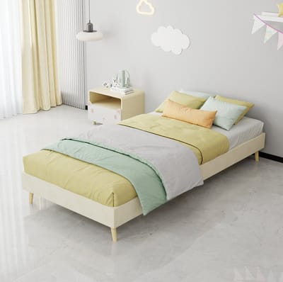 MIVRAY Bed 90x200 cm - Eenpersoonsbed Zonder Matras met Lage Bedombouw en Lattenbodem - Voor Slaapkamer en Kinderkamer - Stof en Metaal - Beige