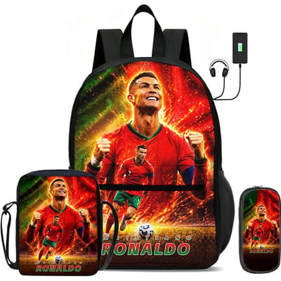 Leer, Reizen Voetbal Sport Rugzak Ronaldo 3 Delige Set Kinderrugzak Schoudertas, Etui, Voetbalster Rugzak