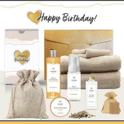 Geschenkset “Happy Birthday!” - 9 producten - 1940 gram - Triomf Cosmetica | Giftset voor haar Cadeau Valentijn Vriendin Luxe Wellness Cadeaubox Vrouw Cadeaupakket Kerst Kerstpakket Geschenk Moeder Moederdag Pakket Verjaardag Gift Set Geel Beige